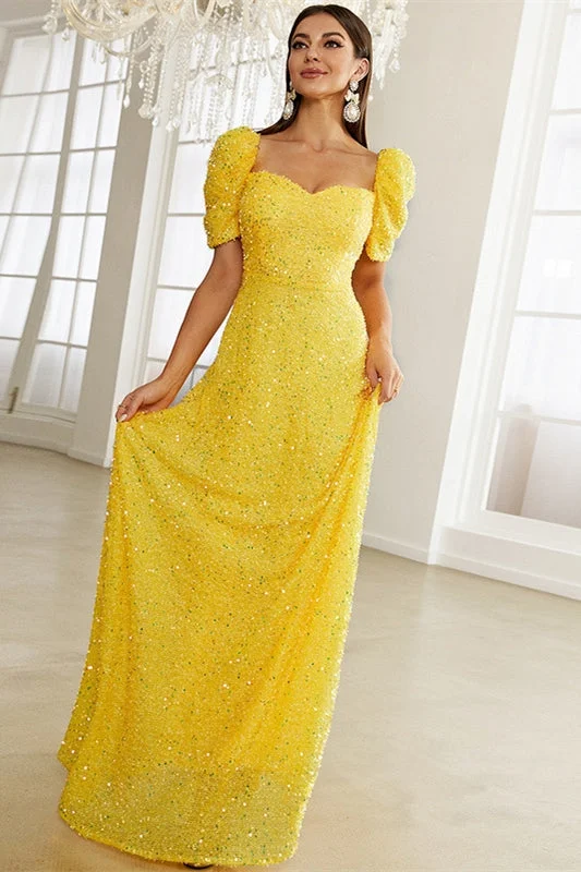 prom dress try-on ideasYellow Sequin Sweetheart Puff Sleeve A-Line Prom Dress