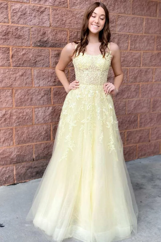 prom dresses with sequin detailingYellow Tulle Applique Lace-Up A-Line Long Prom Dress